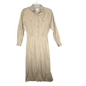 Talbots Vtg 90s Shirt Dress Khaki Sz 8 Cotton Utility Safari Modest Teacher Work